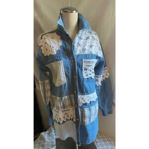 Vtg Western Blue Jean Blouse, Lace Appliqués, C Junction, Hong Kong, S/M